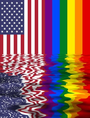  American and Rainbow Flag merged in water reflection